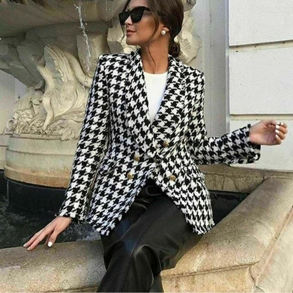 Zara Black and White Checkered Tweed Blazer Jacket